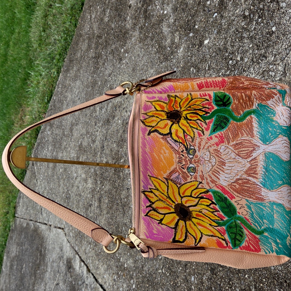 Handpainted Faded Blush Cat and Sunflower Women's Bag. Excellent Used Condition.